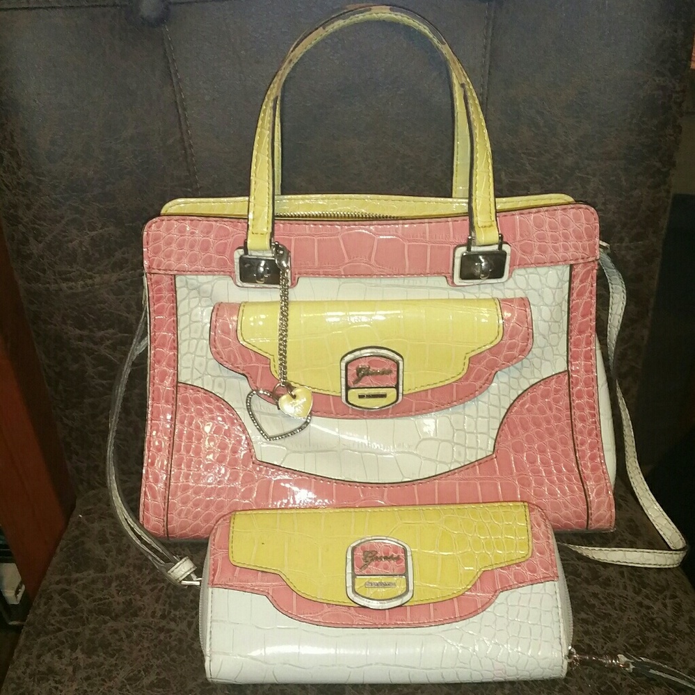 Matching Guess multi coral crock wallet & satchel
